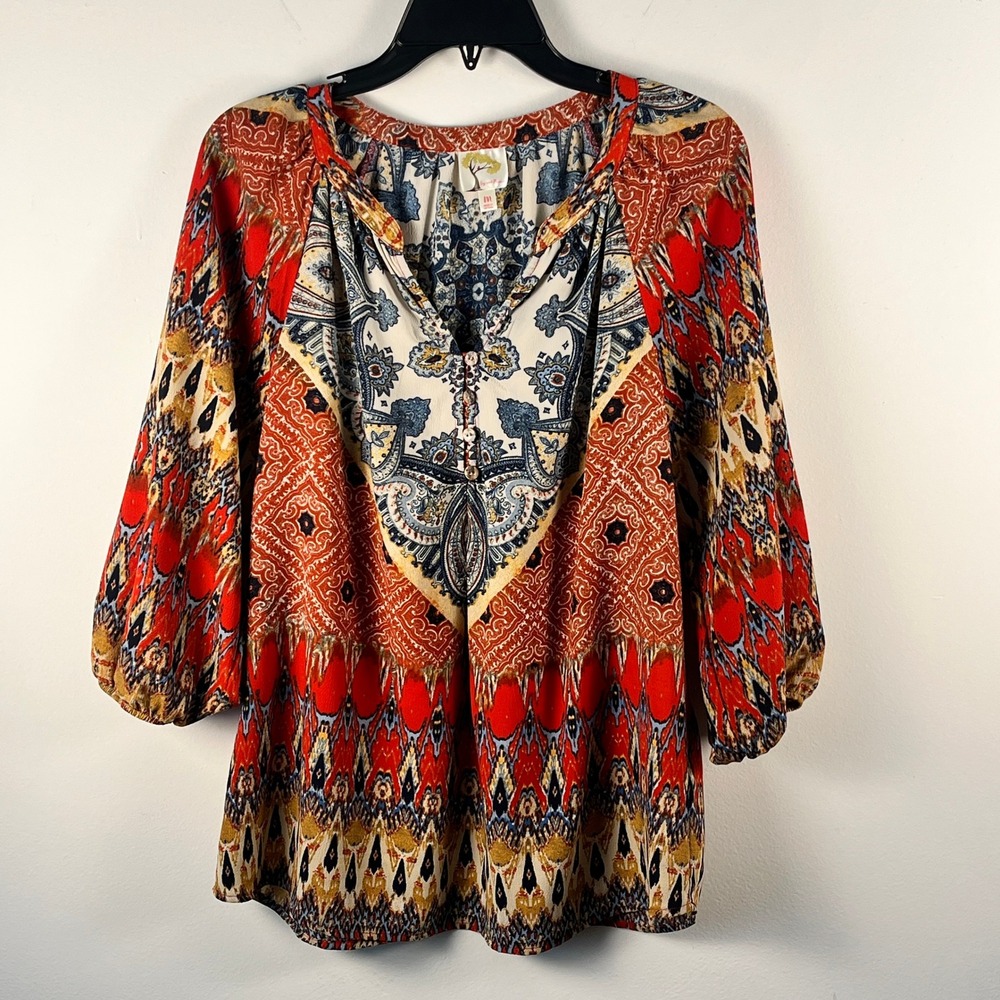 Fig and Flower Womens Boho Paisley Print V-Neck Blouse Red Blue M Festival Art